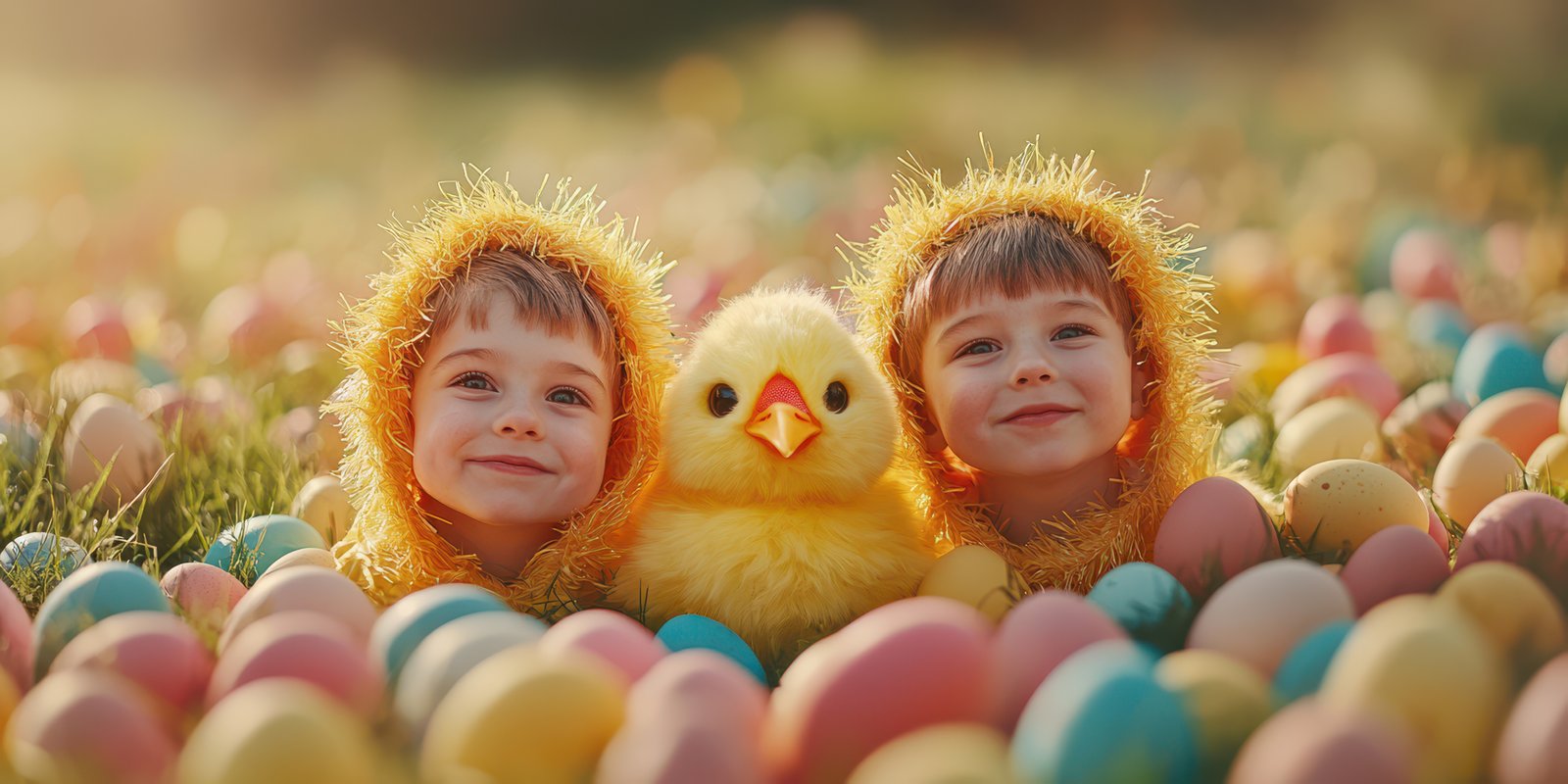 Children dressed in colorful chick costumes enjoy a festive egg hunt in a sunny field filled with pastel eggs